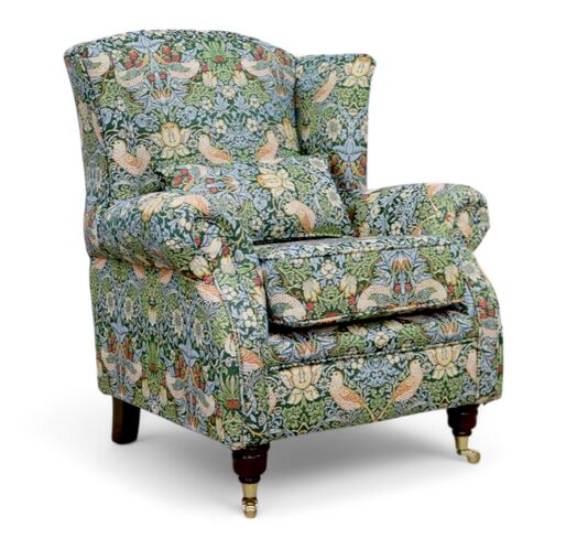 Wing Chair Fireside High Back Armchair William Morris Tapestry Fabric Strawberry Thief Green