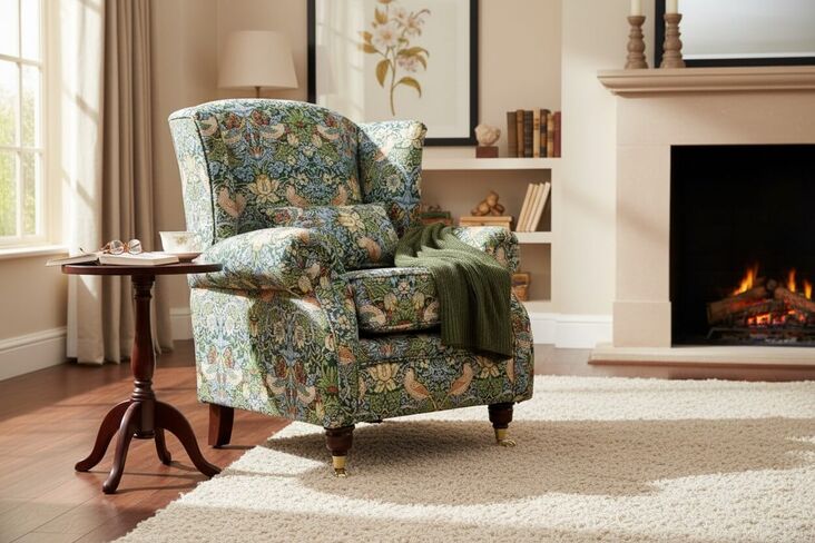 Wing Chair Fireside High Back Armchair William Morris Tapestry Fabric Strawberry Thief Green