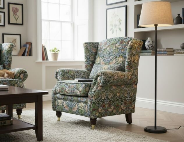 Wing Chair Fireside High Back Armchair William Morris Tapestry Fabric Strawberry Thief Green