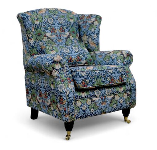 Wing Chair Fireside High Back Armchair William Morris Tapestry Fabric Strawberry Thief Indigo