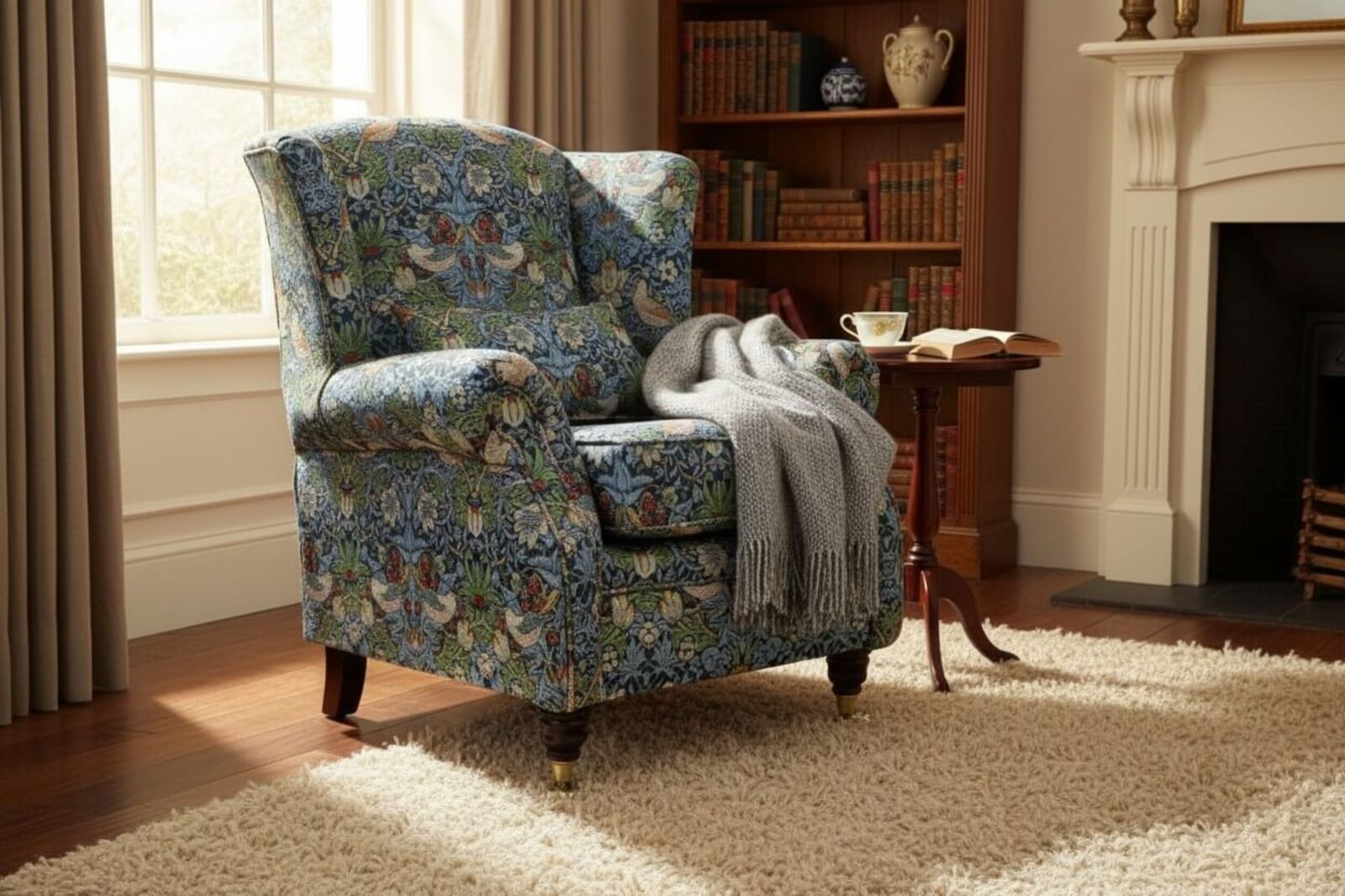 Wing Chair Fireside High Back Armchair William Morris Tapestry Fabric Strawberry Thief Indigo