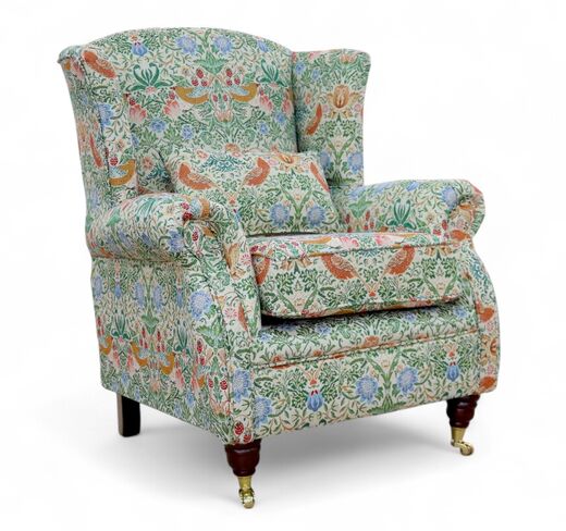 Wing Chair Fireside High Back Armchair William Morris Tapestry Fabric Strawberry Thief Natural