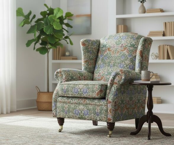 Wing Chair Fireside High Back Armchair William Morris Tapestry Fabric Strawberry Thief Natural