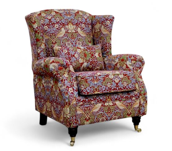 Wing Chair Fireside High Back Armchair William Morris Tapestry Fabric Strawberry Thief Wine
