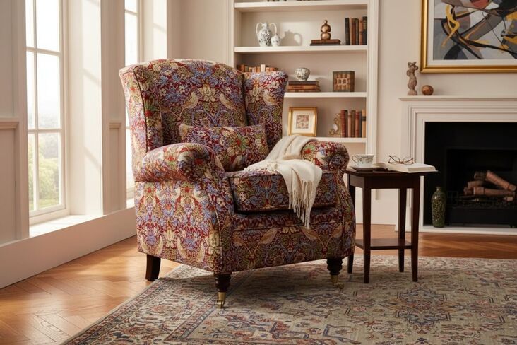 Wing Chair Fireside High Back Armchair William Morris Tapestry Fabric Strawberry Thief Wine
