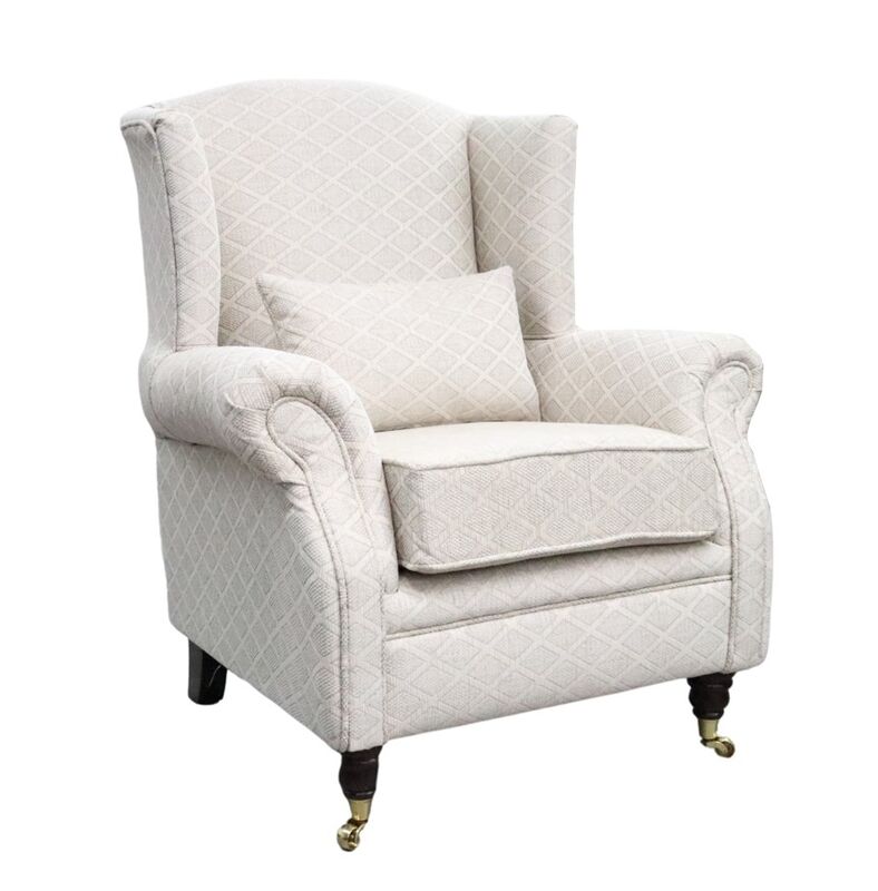 Product photograph of Wing Chair Fireside High Back Armchair Zaffiro Trellis Ivory Fabric from Designer Sofas 4U