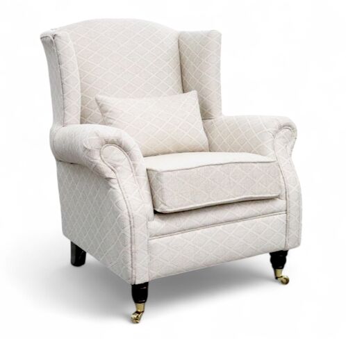 Wing Chair Fireside High Back Armchair Zaffiro Trellis Ivory Fabric
