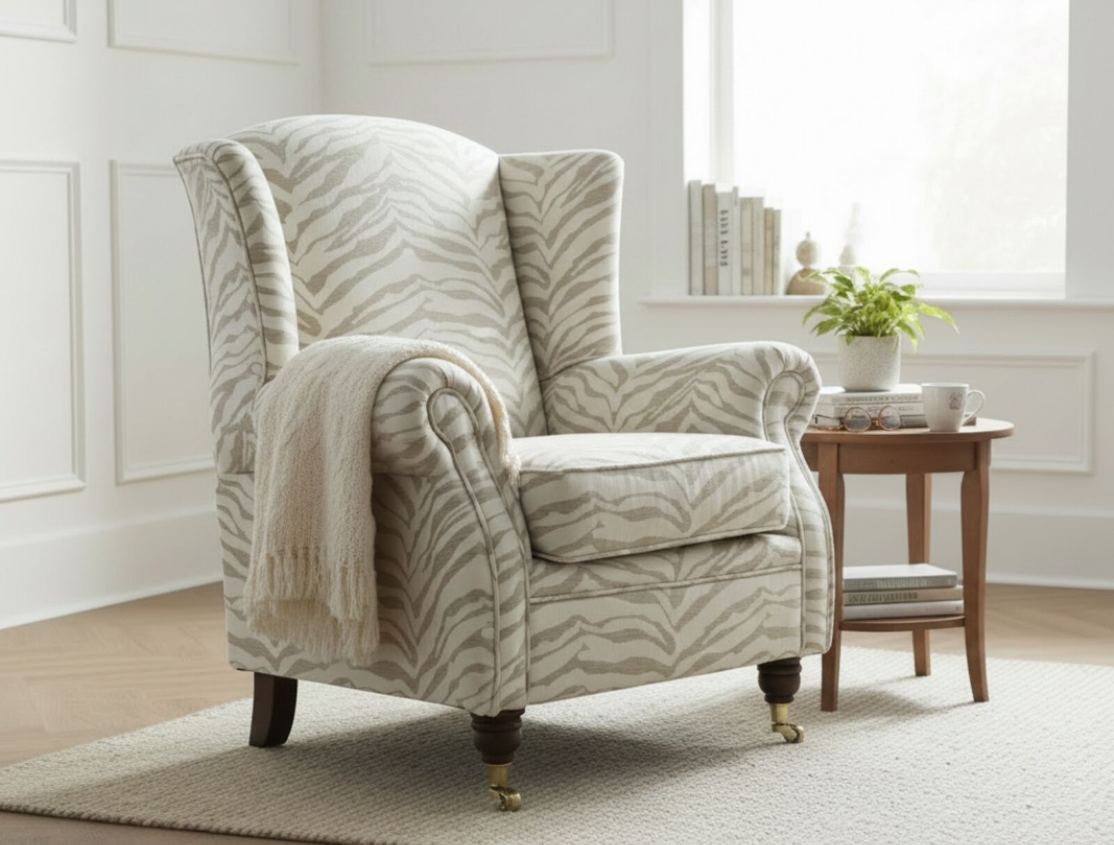 Wing Chair Fireside High Back Armchair Zebra Beige