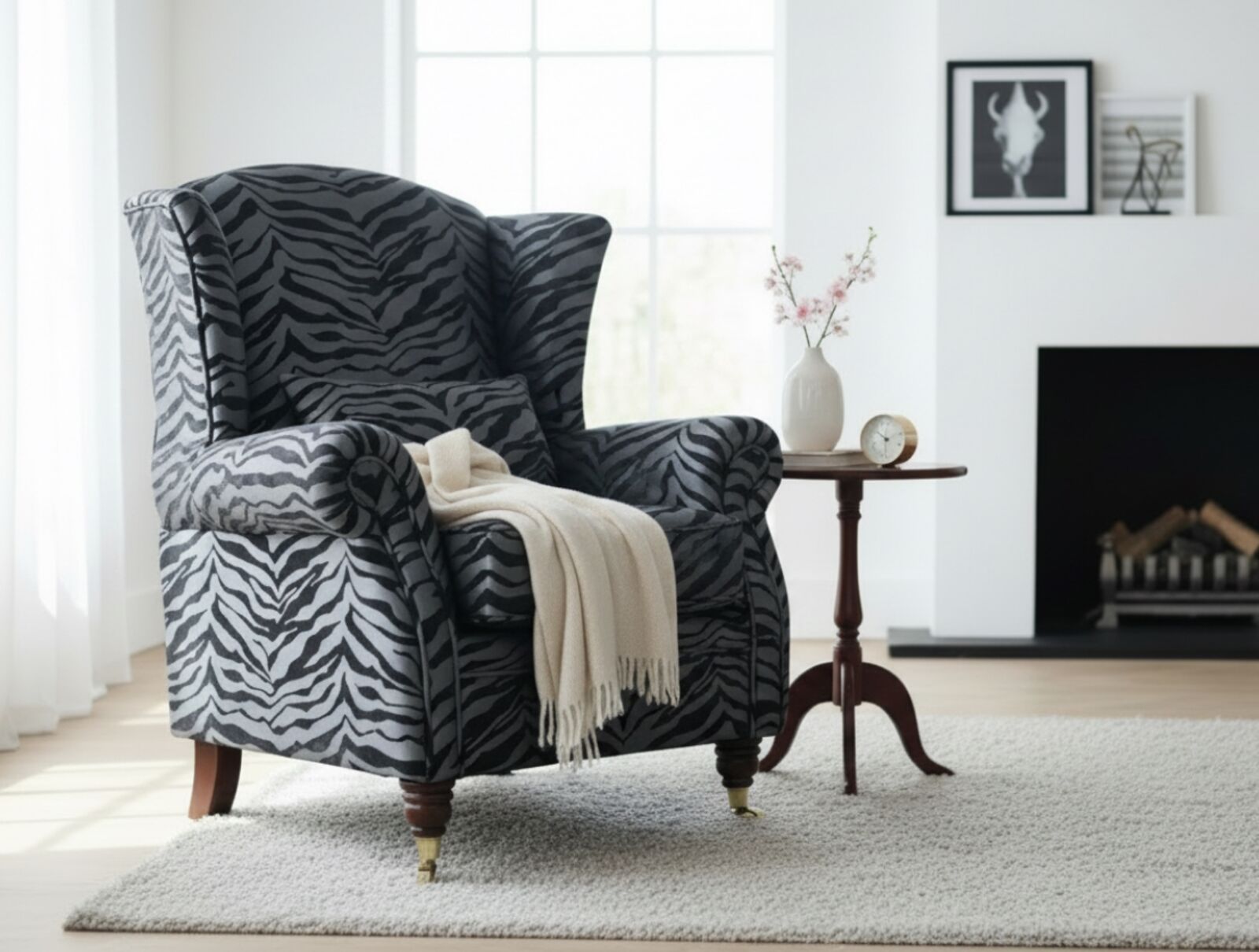 Wing Chair Fireside High Back Armchair Zebra Black