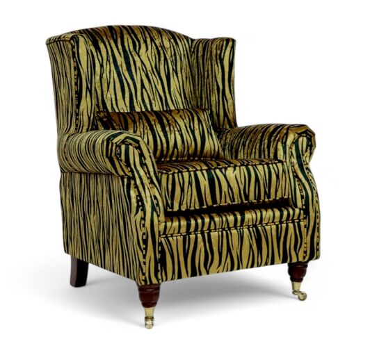 Wing Chair Fireside High Back Armchair Zebra Gold Animal Print Fabric