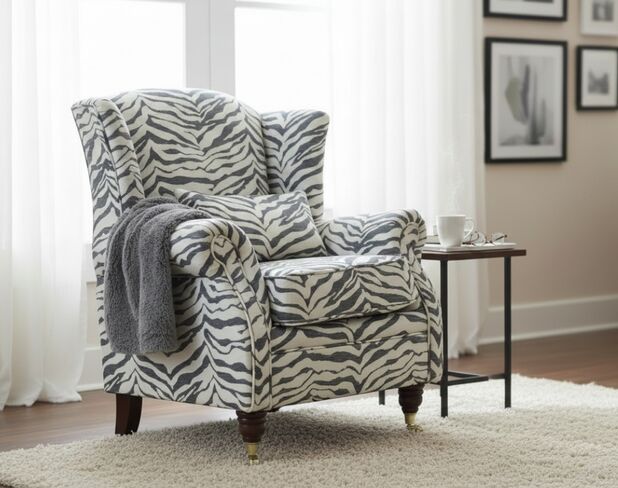 Wing Chair Fireside High Back Armchair Zebra Grey