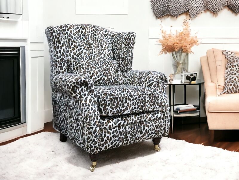 Product photograph of Wing Chair Fireside High Back Armchair Cream Leopard from Designer Sofas 4U