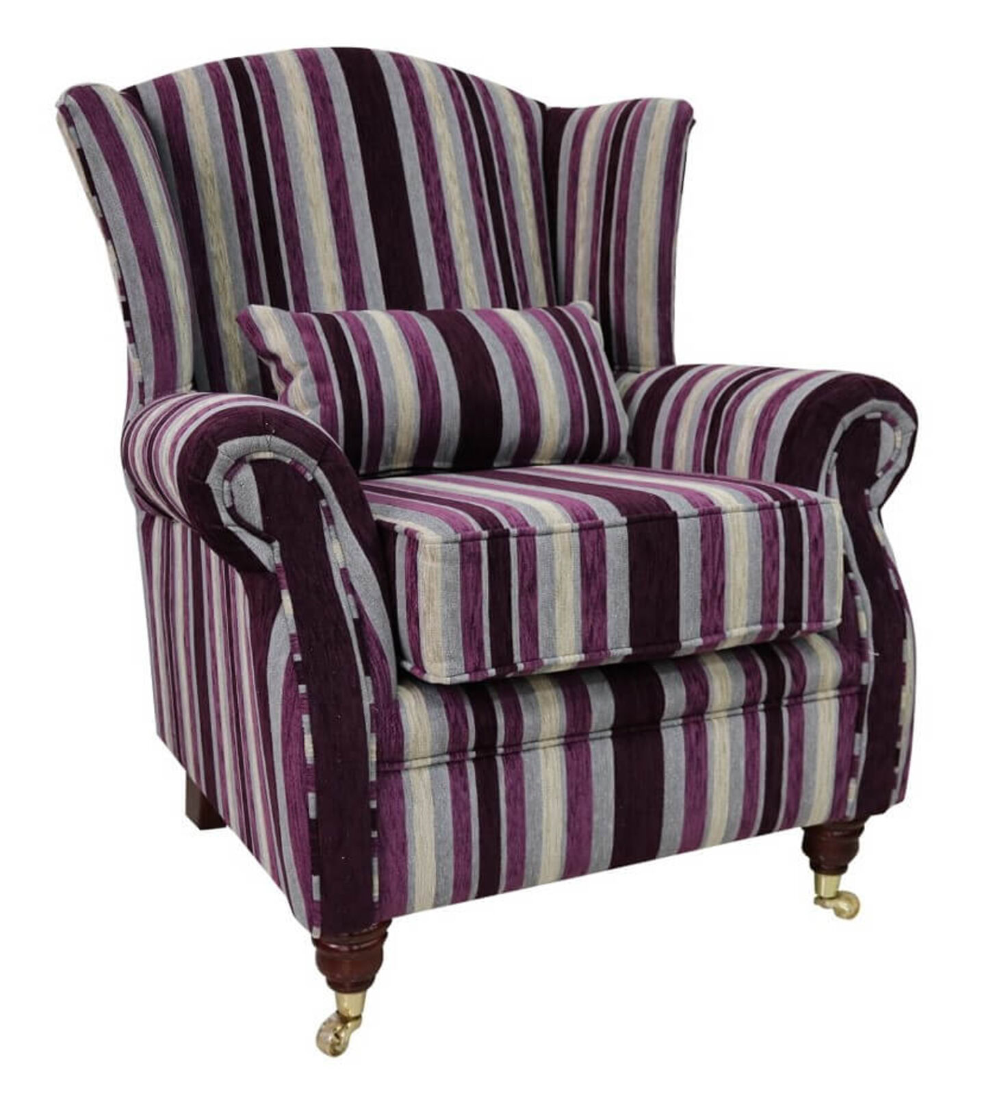 Product photograph of Wing Chair Fireside High Back Armchair Justin Stripe Aubergine from Designer Sofas 4U