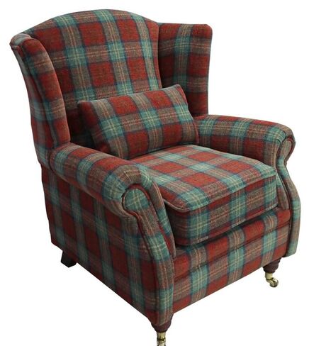 Wing Chair Fireside High Back Armchair Lana Ruby Check Fabric