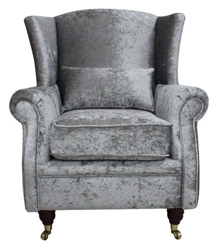 Wing Chair Fireside High Back Armchair Shimmer Silver Velvet Fabric