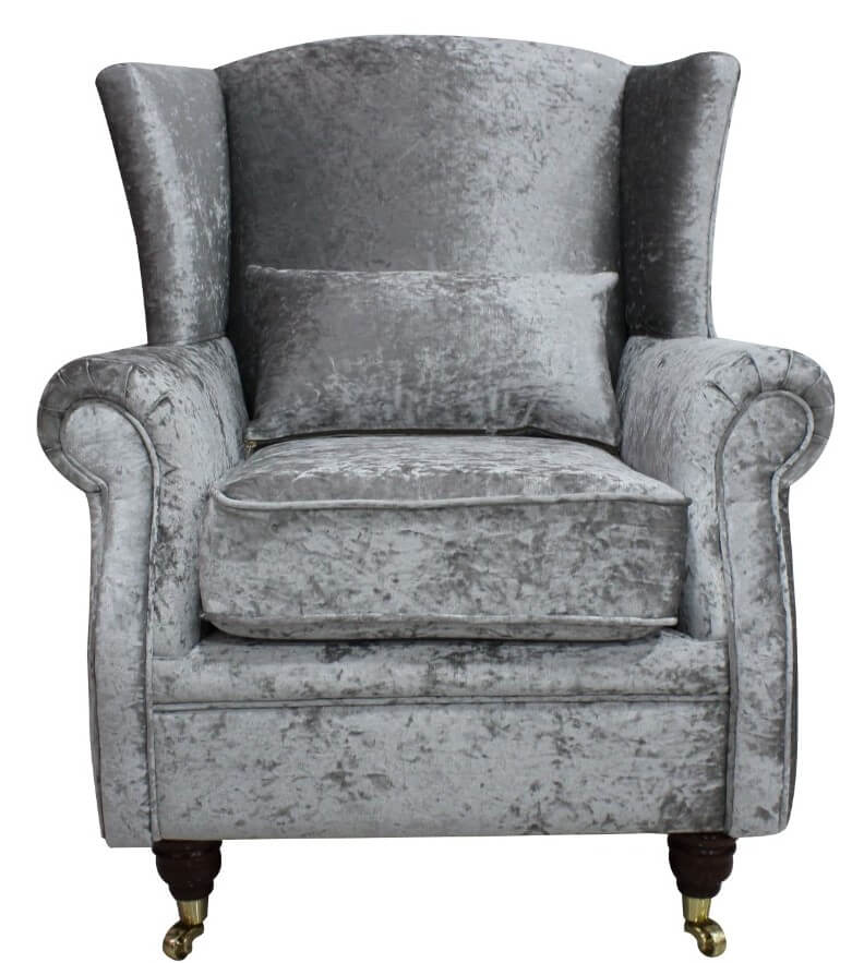 Wing Chair Fireside High Back Armchair Shimmer Silver Velvet Fabric