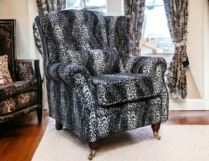 Product photograph of Animal Print Grey Cheetah Wing Chair Fireside High Back Armchair from Designer Sofas 4U