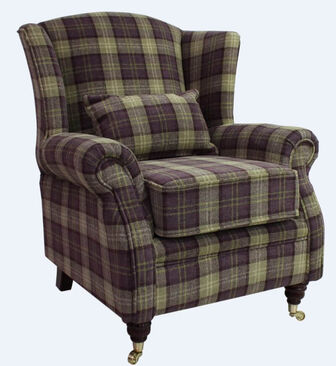 Wing Chair High Back Fireside Lana Purple Check Fabric