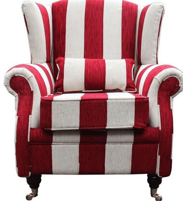 Product photograph of Wing Chair Fireside High Back Armchair Harrison Stripe Ruby from Designer Sofas 4U