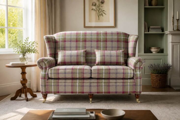Wing Reclining Sofa 2 Seater Fireside High Back Armchair Balmoral Heather Check Fabric P&S