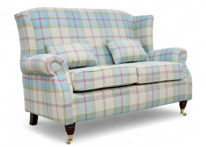 Wing Sofa 2 Seater Fireside High Back Armchair Balmoral Aqua Check Fabric P&S
