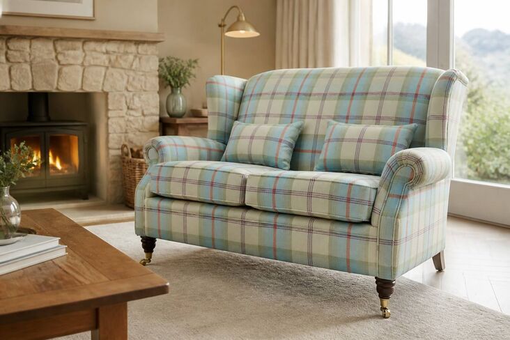 Wing Sofa 2 Seater Fireside High Back Armchair Balmoral Aqua Check Fabric P&S