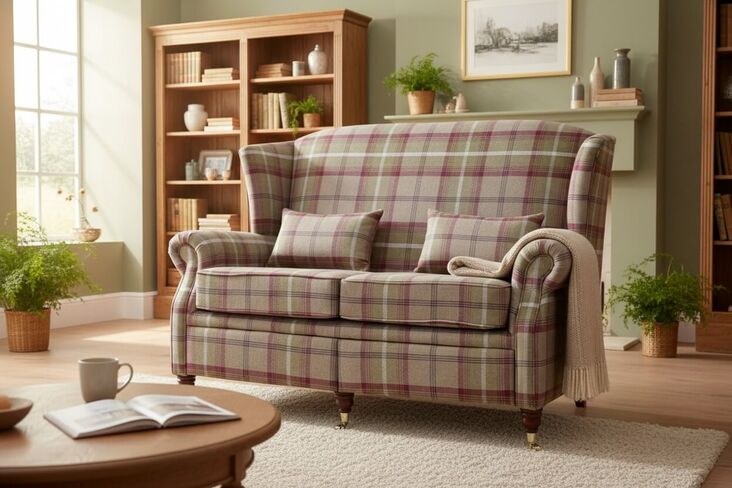 Wing Sofa 2 Seater Fireside High Back Armchair Balmoral Heather Check Fabric P&S