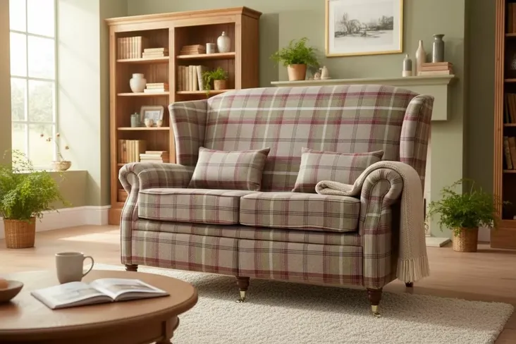 Wing Sofa 2 Seater Fireside High Back Armchair Balmoral Heather Check Fabric P&S