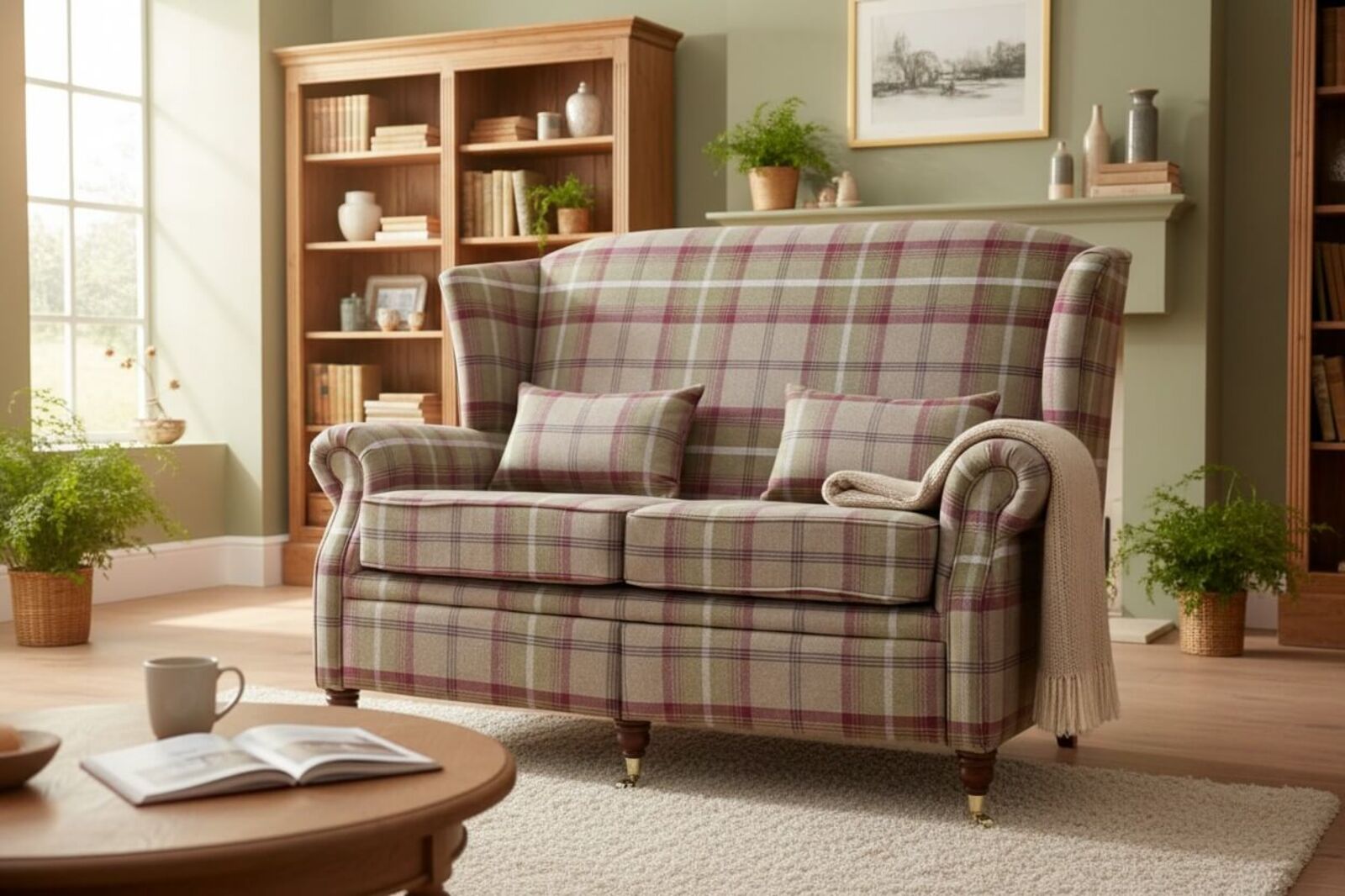 Wing Sofa 2 Seater Fireside High Back Armchair Balmoral Heather Check Fabric P&S