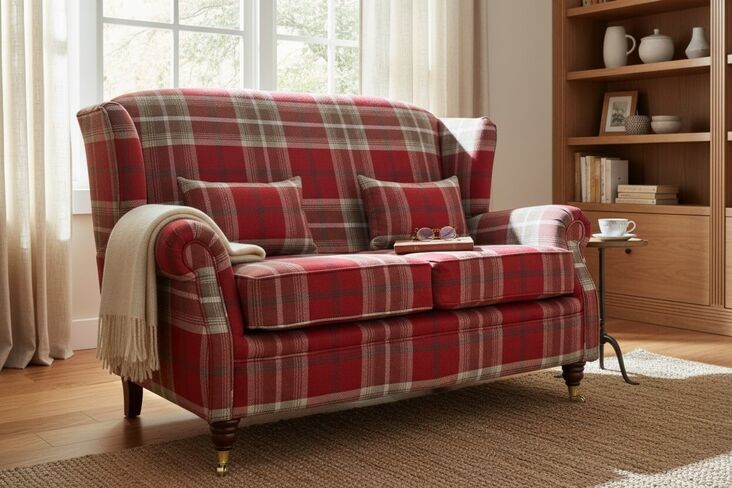 Wing Sofa 2 Seater Fireside High Back Armchair Balmoral Red Check Fabric P&S