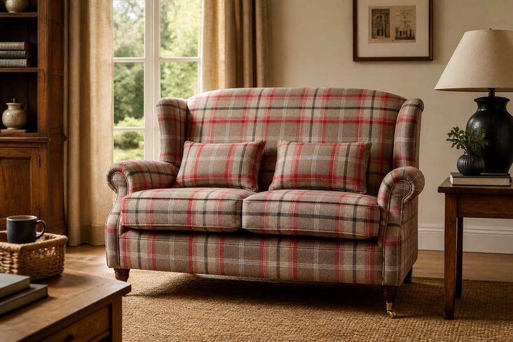 Wing Sofa 2 Seater Fireside High Back Armchair Balmoral Rosso Check Fabric P&S
