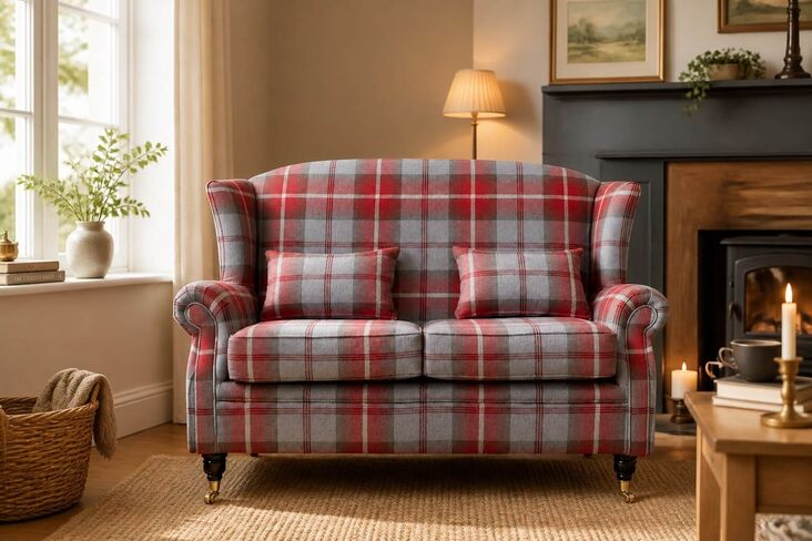 Wing Sofa 2 Seater Fireside High Back Armchair Balmoral Ruby Check Fabric P&S