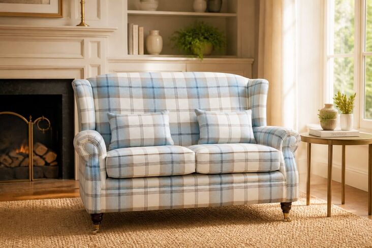 Wing Sofa 2 Seater Fireside High Back Armchair Balmoral Sky Check Fabric P&S