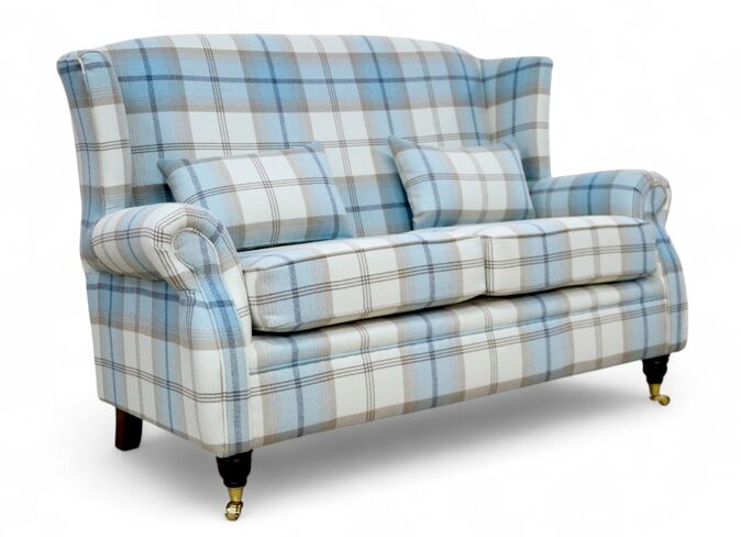Wing Sofa 2 Seater Fireside High Back Armchair Balmoral Sky Check Fabric P&S