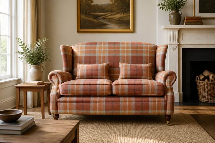 Wing Sofa 2 Seater Fireside High Back Armchair Balmoral Spice Check Fabric P&S