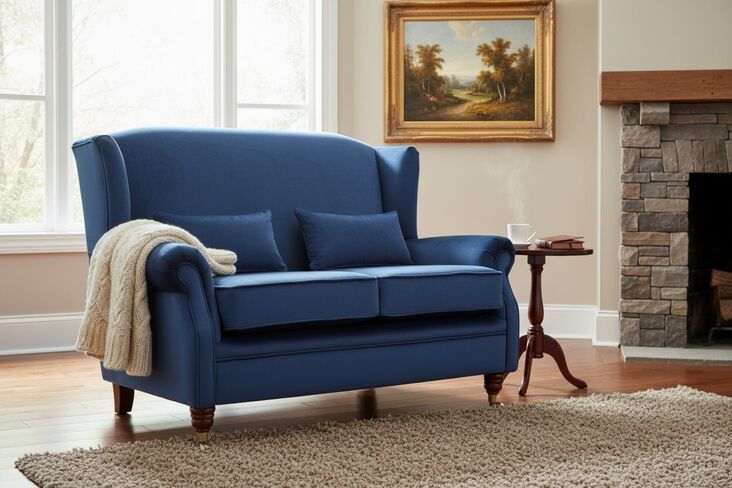 Wing Sofa 2 Seater Fireside High Back Armchair Medici Navy Blue