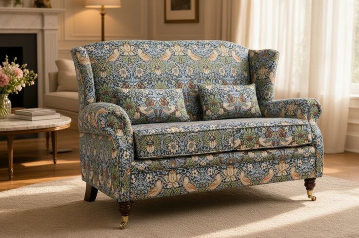 Wing Sofa 2 Seater Fireside High Back Armchair Strawberry Thief Indigo