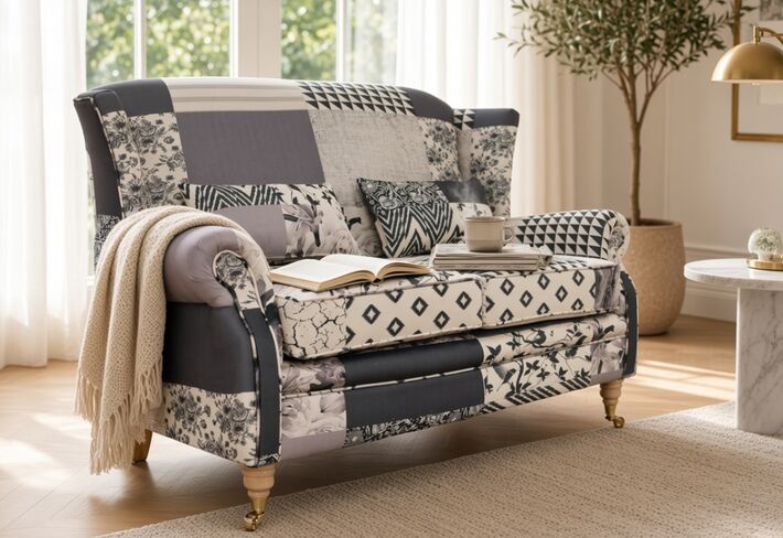 Wing Sofa 2 Seater Fireside High Back Charles Patchwork Beige Fabric