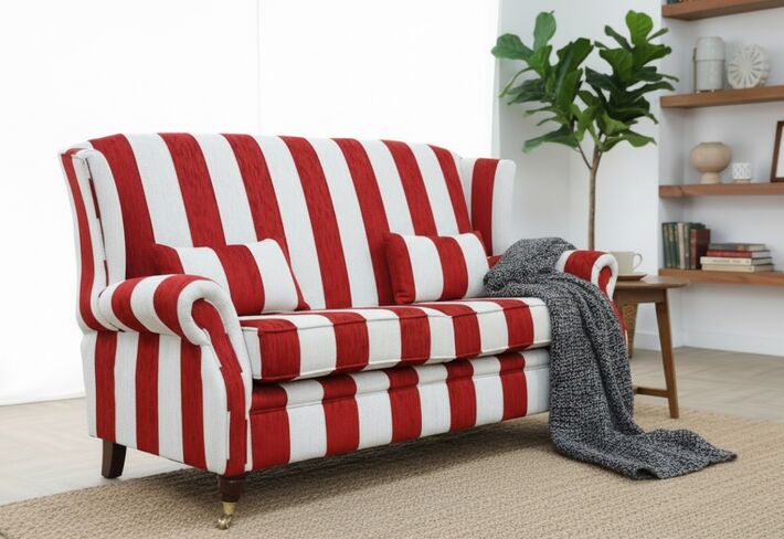 Wing Sofa 3 Seater Fireside High Back Harrison Stripe Ruby