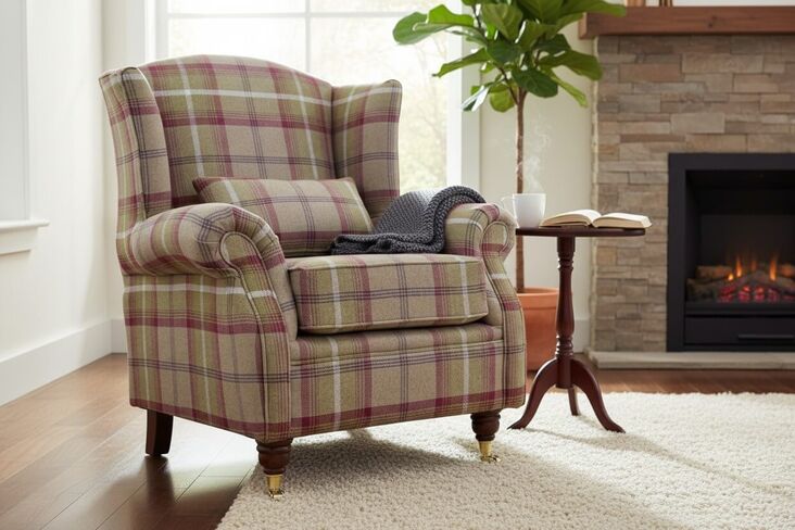 Wingback Fireside Armchair Balmoral Heather Check Fabric Classic Tartan Style