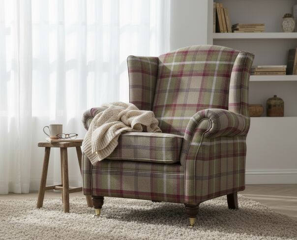 Wingback Fireside Armchair Balmoral Heather Check Fabric Classic Tartan Style