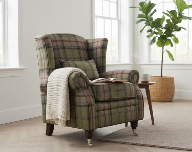 Wing Chair Fireside High Back Armchair Balmoral Hunter Check Fabric P&S