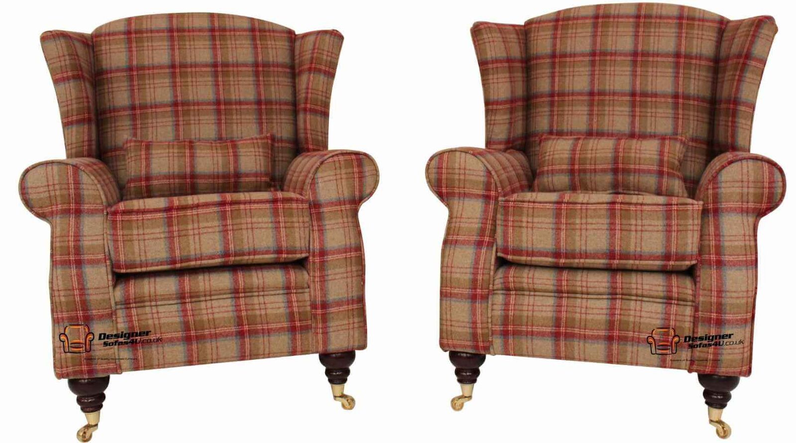 Product photograph of 2 X Arnold Wool Tweed Wing Chairs Fireside High Back Armchairs Heritage Scarlet Check Fabric from Designer Sofas 4U