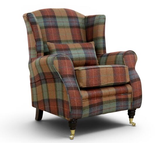 Wool Tweed Wing Chair High Back Armchair Skye Burnt Orange Check Wool