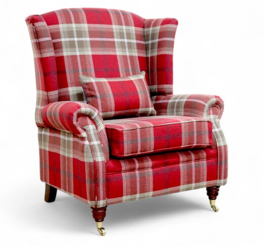 XL Wing Chair Fireside High Back Armchair Balmoral Red Check Fabric P&S