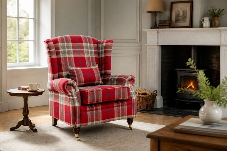 XL Wing Chair Fireside High Back Armchair Balmoral Red Check Fabric P&S