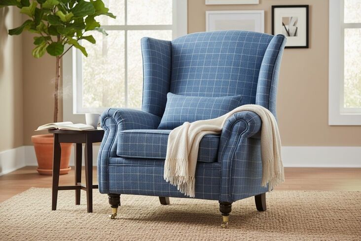 XL Wing Chair Fireside High Back Armchair Bamburgh Midnight Check Fabric