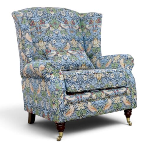 XL Wing Chair Fireside High Back Armchair Strawberry Thief Indigo Fabric