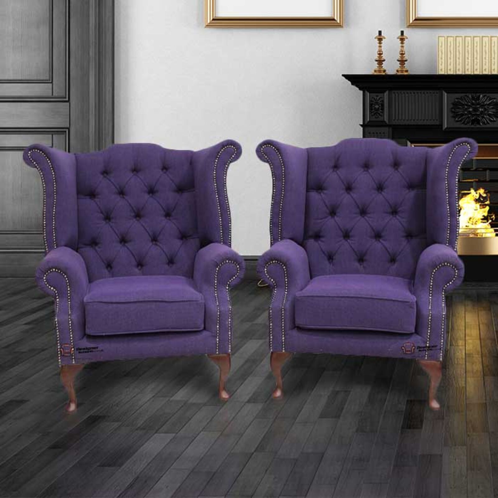 Product photograph of 2 X Chesterfield Purple Queen Anne High Back Wing Chairs Verity from Designer Sofas 4U