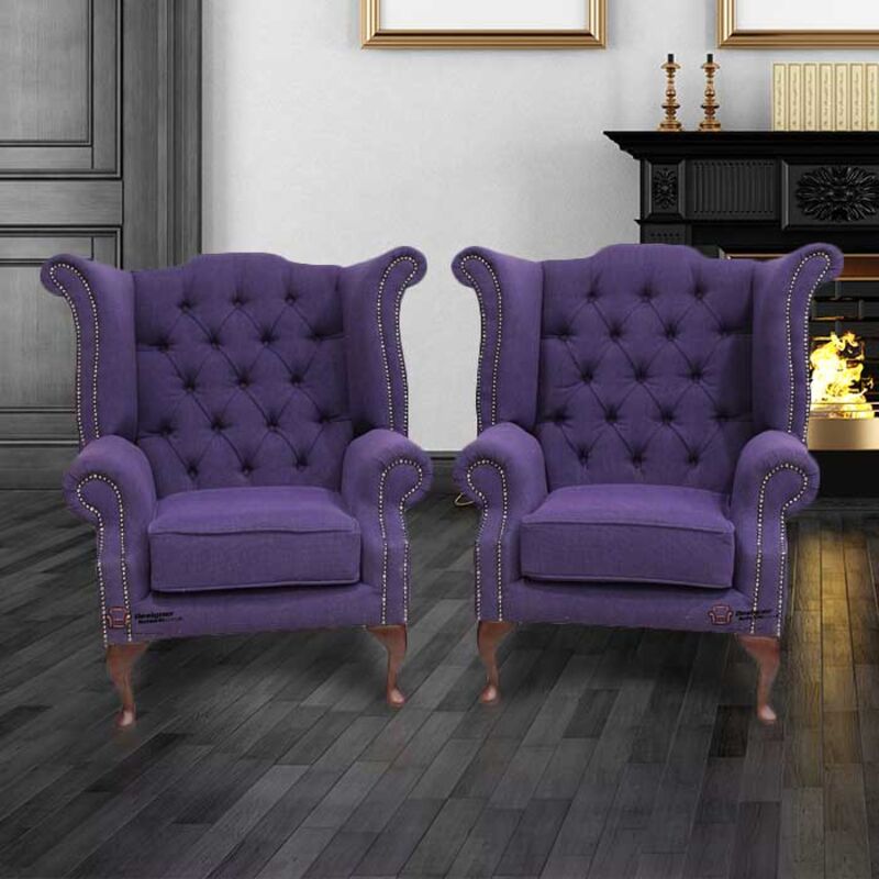 Image of 2 x Chesterfield Purple Queen Anne High Back Wing Chairs Verity